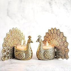 BEHOMA Aluminium Dancing Peacock Figurine Pair for Love & Good Luck | Home Décor Tabletop Showpiece with Scented Votive Candles | Valentine, Anniversary & Wedding Gift for