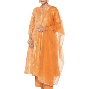 Myx Women's Embroidered Anarkali Kurta Set with Organza Dupatta in Chanderi Blend (Available in Plus Sizes)