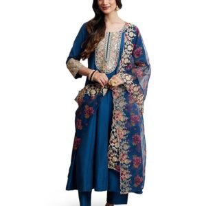 Amazon Brand - Myx Women's Embroidered Anarkali Kurta Suit Set with Organza Dupatta | A-Line Fit (Available in Plus Sizes)